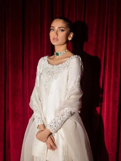 White Sequins Thread Work Farshi Suit Set - BONYHUBSALWAR KAMEEZ