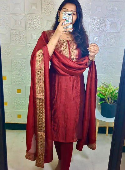 White Vichitra Silk Zari Work Ethnic Salwar Suit Set - BONYHUBSALWAR KAMEEZ