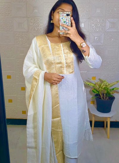 White Vichitra Silk Zari Work Ethnic Salwar Suit Set - BONYHUBSALWAR KAMEEZ