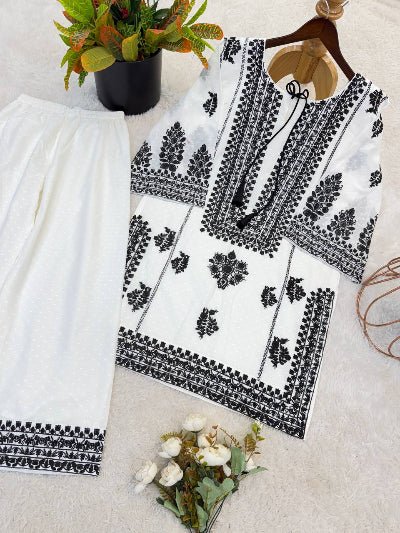 White with Black Embroidery Work Palazzo Kurti Set of 2 - BONYHUBSALWAR KAMEEZ