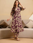 Wine Beige Cotton Kurti Pant Set Of 2 - BONYHUBSALWAR KAMEEZ