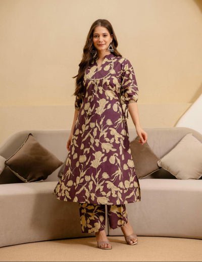 Wine Beige Cotton Kurti Pant Set Of 2 - BONYHUBSALWAR KAMEEZ
