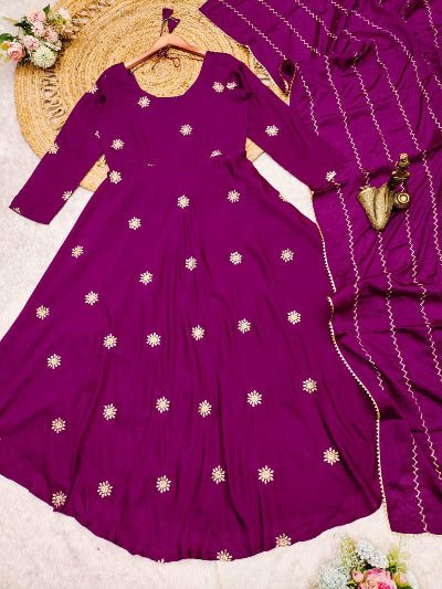 Wine Chinon Intricate Embroidery Anarkali Dupatta Set Of 2 UK Next Day - BONYHUBSALWAR KAMEEZ