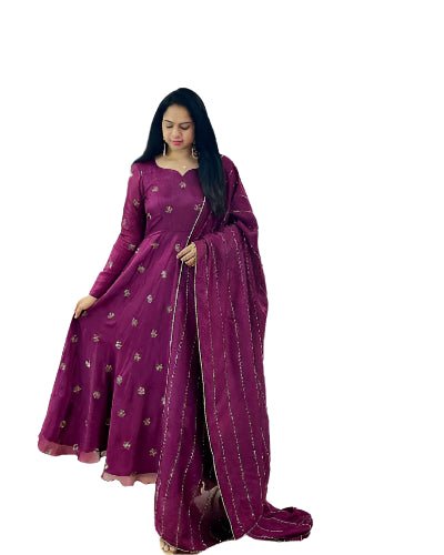 Wine Chinon Intricate Embroidery Anarkali Dupatta Set Of 2 UK Next Day - BONYHUBSALWAR KAMEEZ