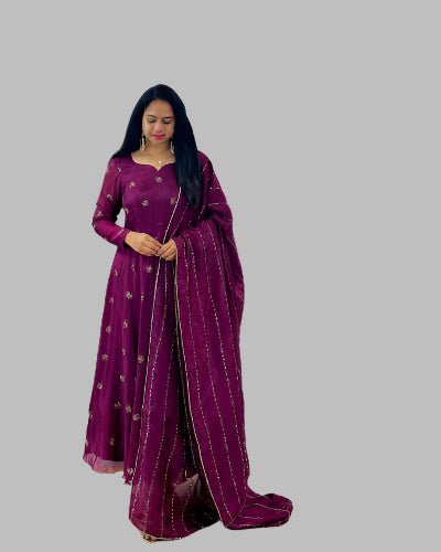 Wine Chinon Intricate Embroidery Anarkali Dupatta Set Of 2 UK Next Day - BONYHUBSALWAR KAMEEZ