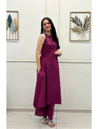 Wine Embroidered Co - ord Set with Kurta Pant (Set of 2) - BONYHUBSALWAR KAMEEZ