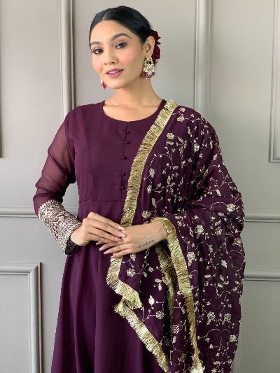 Wine Georgette Plain Anarkali Suit With Embroidered Dupatta - BONYHUBSALWAR KAMEEZ
