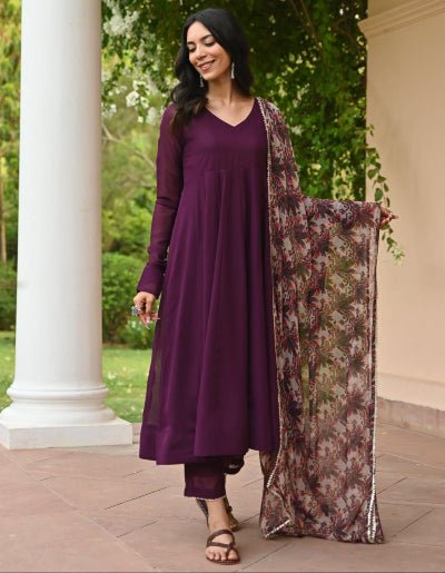Wine Georgette Plain Anarkali Suit With Printed Dupatta - BONYHUBSALWAR KAMEEZ