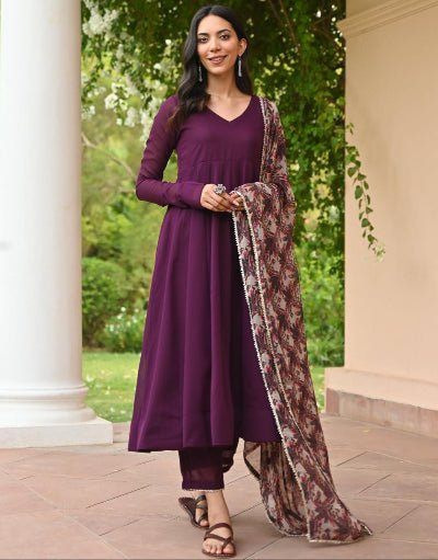 Wine Georgette Plain Anarkali Suit With Printed Dupatta - BONYHUBSALWAR KAMEEZ