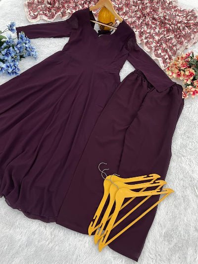 Wine Georgette Plain Anarkali Suit With Printed Dupatta - BONYHUBSALWAR KAMEEZ