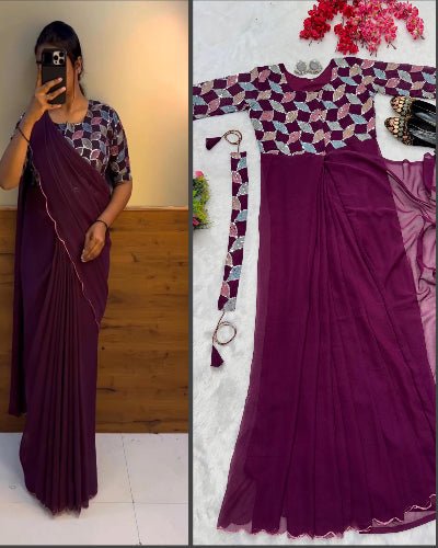 Wine Georgette Zip & Go 10 Second Saree Gown UK Next Day - BONYHUBSAREE