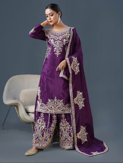 Wine Graceful Embroidered Chinnon Silk Palazzo Suit UK Next Day - BONYHUBSALWAR KAMEEZ