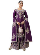 Wine Graceful Embroidered Chinnon Silk Palazzo Suit UK Next Day - BONYHUBSALWAR KAMEEZ