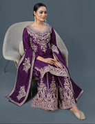 Wine Graceful Embroidered Chinnon Silk Palazzo Suit UK Next Day - BONYHUBSALWAR KAMEEZ