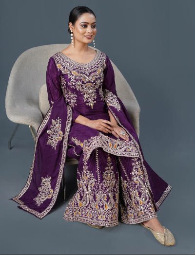 Wine Graceful Embroidered Chinnon Silk Palazzo Suit UK Next Day - BONYHUBSALWAR KAMEEZ