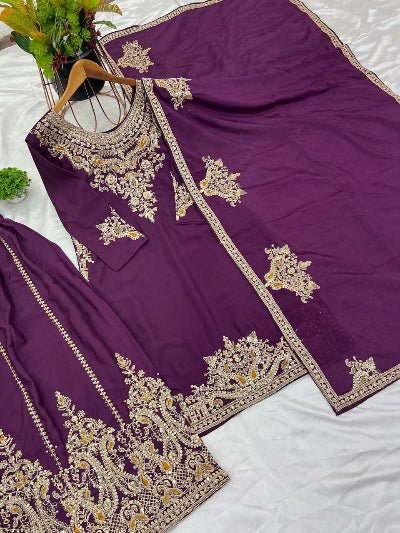Wine Graceful Embroidered Chinnon Silk Palazzo Suit UK Next Day - BONYHUBSALWAR KAMEEZ
