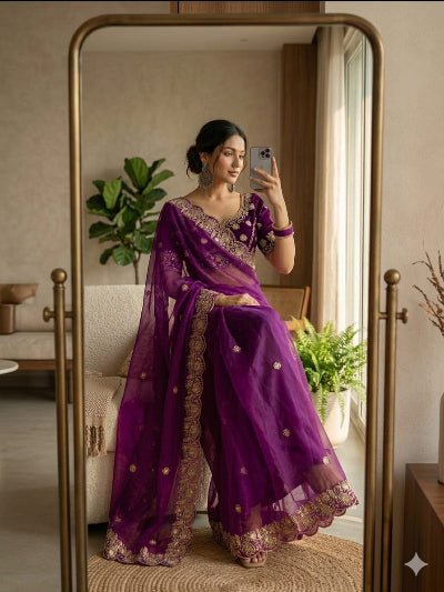 Wine Purple Gold Embroidered Ready to Wear Saree with Stitched Blouse - BONYHUBSAREE