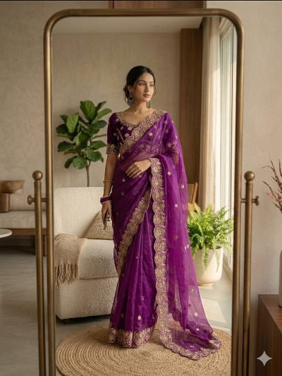 Wine Purple Gold Embroidered Ready to Wear Saree with Stitched Blouse - BONYHUBSAREE