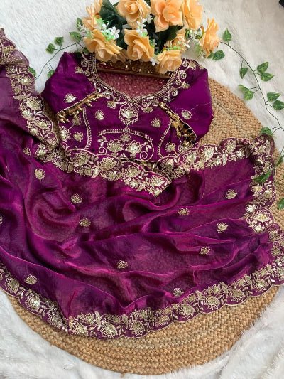 Wine Purple Gold Embroidered Ready to Wear Saree with Stitched Blouse - BONYHUBSAREE