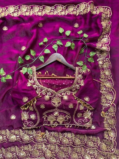 Wine Purple Gold Embroidered Ready to Wear Saree with Stitched Blouse - BONYHUBSAREE