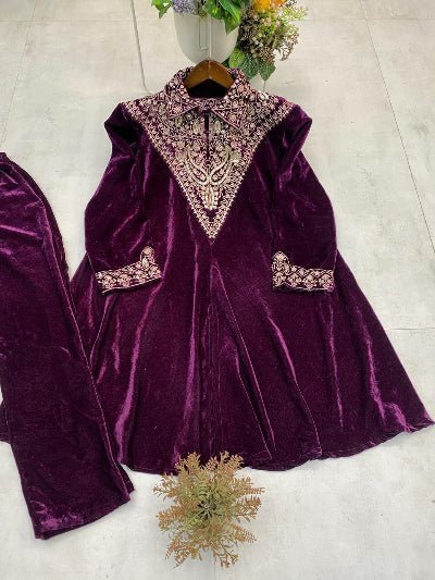 Wine Velvet Embroidery Work Kurti Pant Set Of 2 - BONYHUBSALWAR KAMEEZ