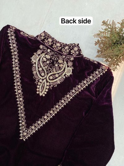 Wine Velvet Embroidery Work Kurti Pant Set Of 2 - BONYHUBSALWAR KAMEEZ