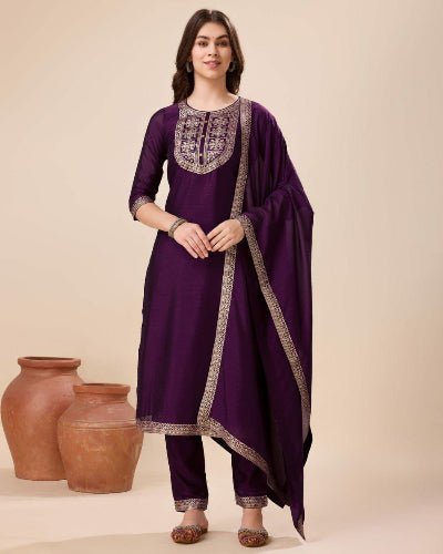 Wine Vichitra Silk Jacquard Salwar Suit Set - BONYHUBSALWAR KAMEEZ
