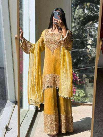 Mustard Yellow Gold Embroidery Work Palazzo Suit