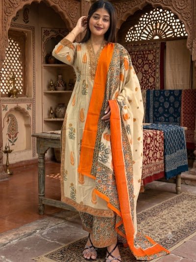 Women's Cream Embroidered Suit | 3 Piece Kurta Trouser Dupatta Set - BONYHUBSALWAR KAMEEZ