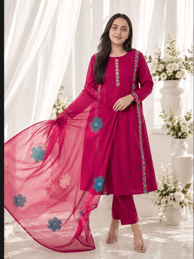 Women's Dark Pink Cotton Embroidered Suit | 3 Piece Kurta Trouser Dupatta Set - BONYHUBSALWAR KAMEEZ