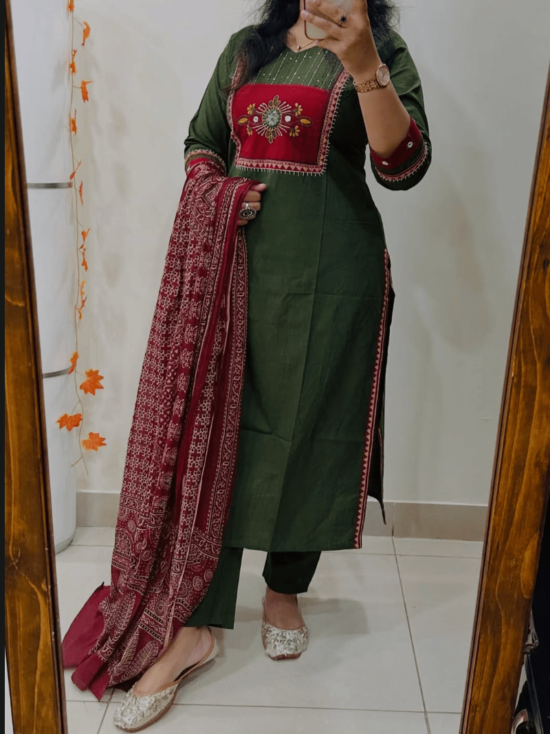 Women's Embroidered Yoke Suit | 3 Piece Kurta Pant Dupatta Set - BONYHUBSALWAR KAMEEZ