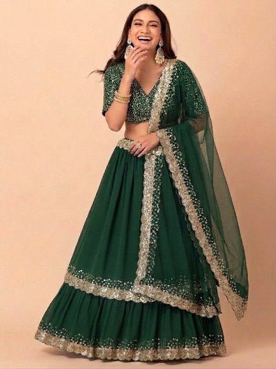 Women's Emerald Green Silk Lehenga Choli Set - BONYHUBSALWAR KAMEEZ