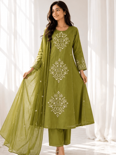 Women's Green Cotton Embroidered Anarkali Suit Set - BONYHUBSALWAR KAMEEZ