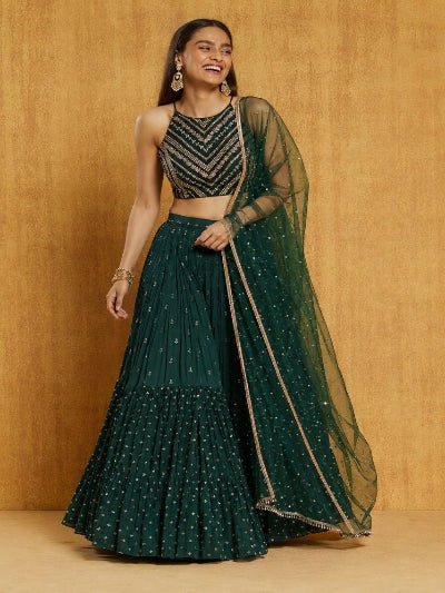 Women's Green Georgette Halter Blouse Embroidered Lehenga Choli Set - BONYHUBSALWAR KAMEEZ