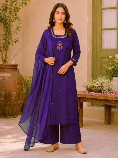 Women's Indigo Floral Embroidered Kurta Palazzo Dupatta Set - BONYHUBSALWAR KAMEEZ