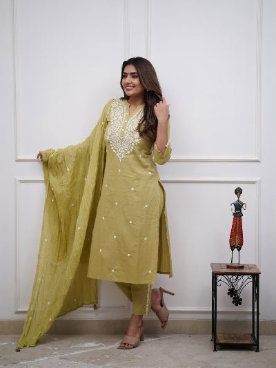 Women's Mustard Embroidered Cotton Suit | 3 Piece Kurta Trouser Dupatta Set - BONYHUBSALWAR KAMEEZ