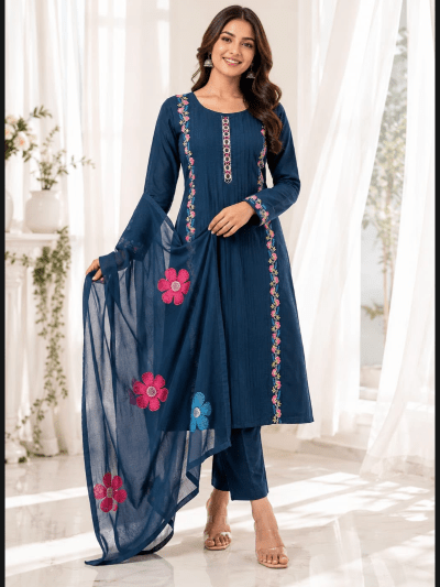 Women's Navy Blue Cotton Embroidered Suit | 3 Piece Kurta Trouser Dupatta Set - BONYHUBSALWAR KAMEEZ