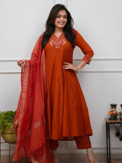 Women's Orange Anarkali Suit | 3 Piece Embroidered Festive Outfit - BONYHUBSALWAR KAMEEZ