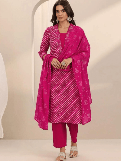 Women's Pink Stripe Print Suit | 3 Piece Kurta Trouser Dupatta Set - BONYHUBSALWAR KAMEEZ