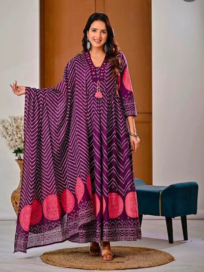Women's Purple Bandhani Print Cotton Anarkali Dress | Festive Maxi Outfit - BONYHUBSALWAR KAMEEZ