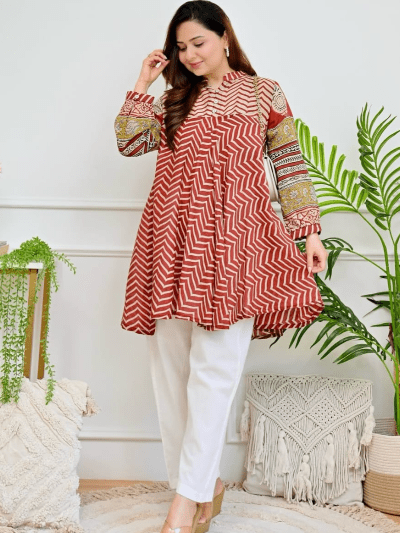 Women's Red Chevron Printed Cotton Set| Kurta Trouser Set - BONYHUBSALWAR KAMEEZ