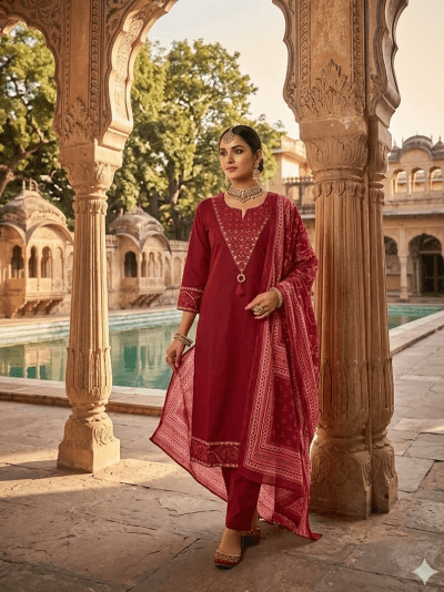 Women's Red Embroidered Cotton Straight Suit | 3 Piece Kurta Trouser Dupatta Set - BONYHUBSALWAR KAMEEZ