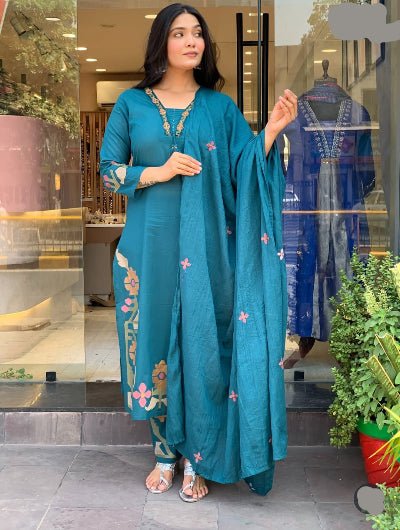 Women's Teal Blue Cotton Embroidered Suit | Kurta Dupatta Set - BONYHUBSALWAR KAMEEZ