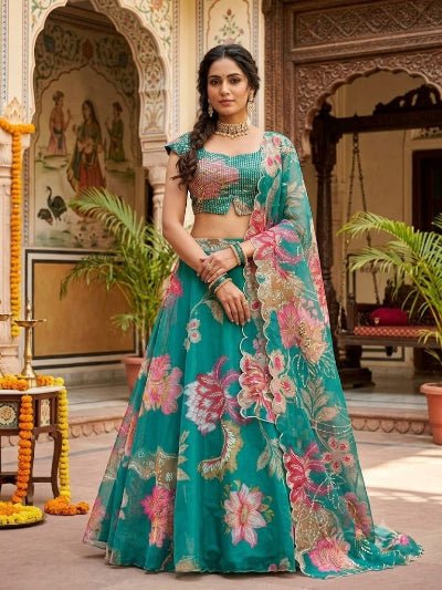 Women's Teal Green Floral Lehenga Choli Set - BONYHUBSALWAR KAMEEZ