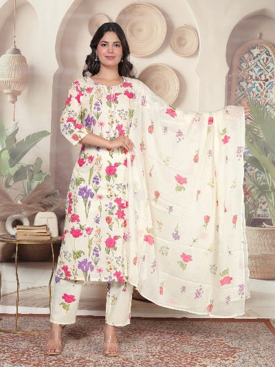 Women's White Floral Print Cotton Suit | 3 Piece Kurta Trouser Dupatta Set - BONYHUBSALWAR KAMEEZ