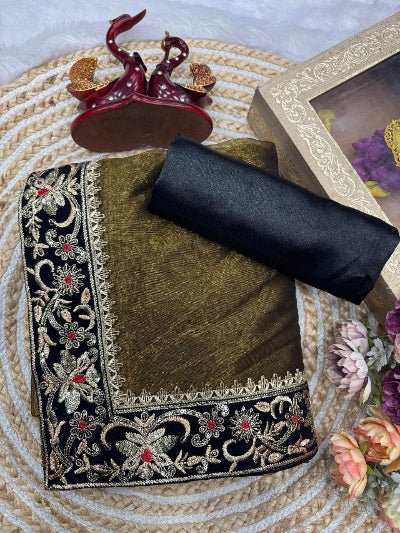 Yalini Olive Green Saree with Unstitched Blouse - BONYHUBSAREE
