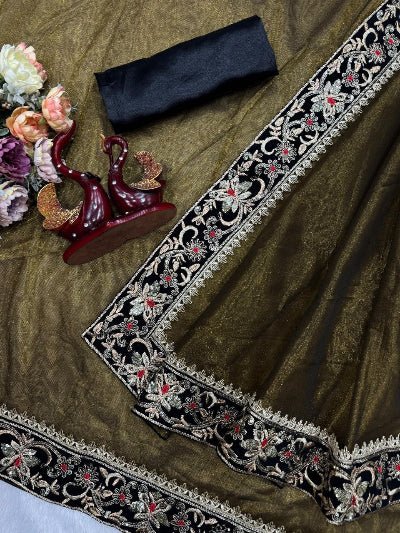 Yalini Olive Green Saree with Unstitched Blouse - BONYHUBSAREE