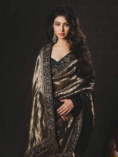 Yalini Olive Green Saree with Unstitched Blouse - BONYHUBSAREE