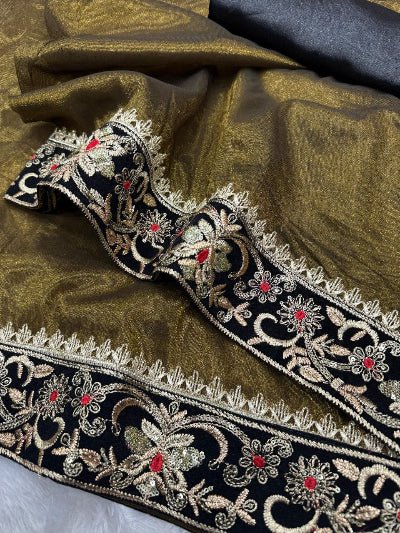 Yalini Olive Green Saree with Unstitched Blouse - BONYHUBSAREE
