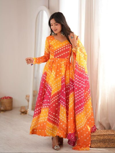 Yellow Bandhani Organza Flair Anarkali Suit - BONYHUBSALWAR KAMEEZ